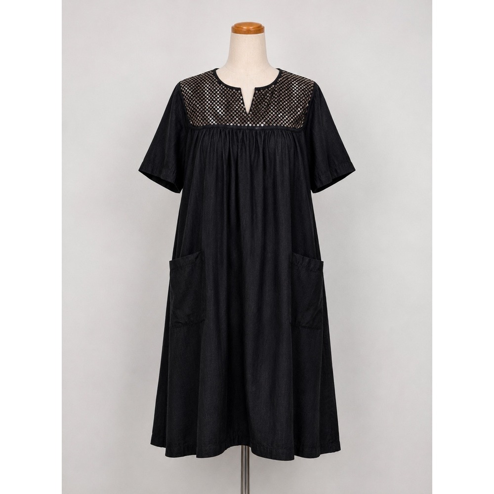 NEW Go Softly Patio Womens Black Denim Sequin Yoke Muumuu Dress Large S22DG302